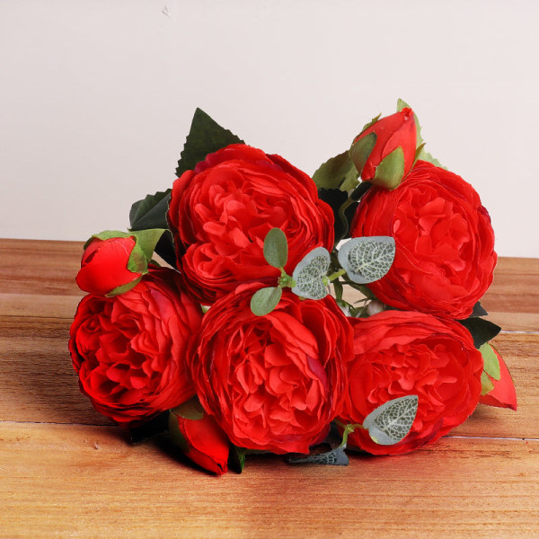30cm Rosarosa Silkebukett Pion Konstgjorda Blommor 5 Stora Huvuden 4 Små Knoppar Brud Bröllop Heminredning Falska Blommor Faux Red