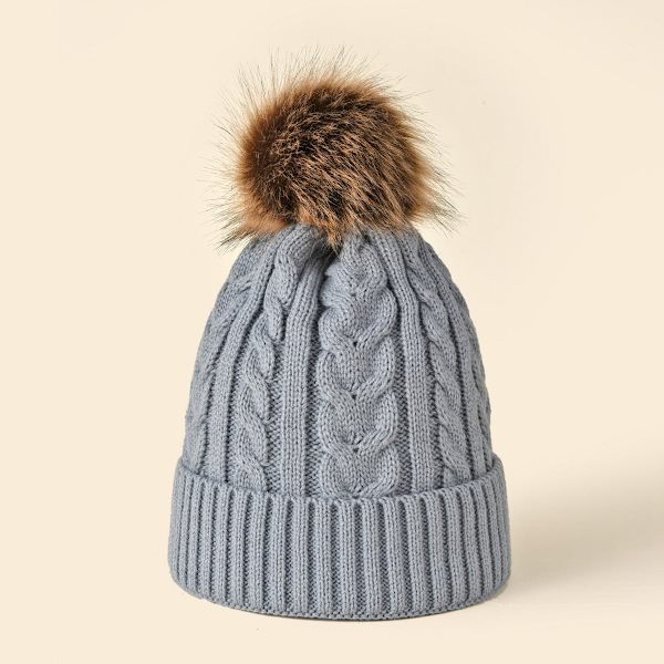 Syksyn ja talven uusi iso turkispallo villapipo, universaali yksivärinen yksikerroksinen reunus lämmin neulottu hattu naisille Heather Gray Average size