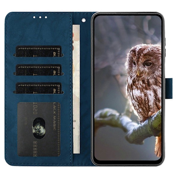 Fodral för Samsung Galaxy A16 4G 5G Uggla Präglat PU Läder Plånbok Telefonfodral med Handledsrem - Pur Blue