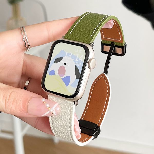 Klockarmband för Apple Watch iWatch för 1/2/3 42mm Lycheemönster magnetisk sug - grön och mjölkvit