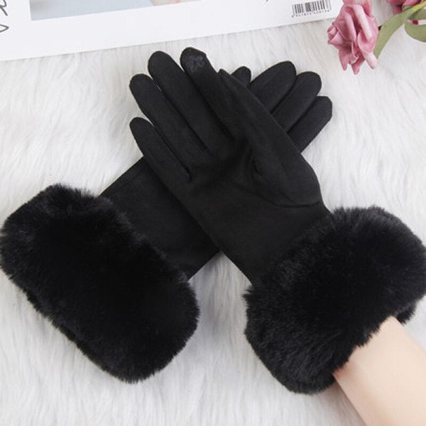 Fashionable dame vinter varme ruskind læder touch screen handske kvinde imiteret kaninpels broderi plus fløjl tykke kørehandsker H92 Dark Blue One Size