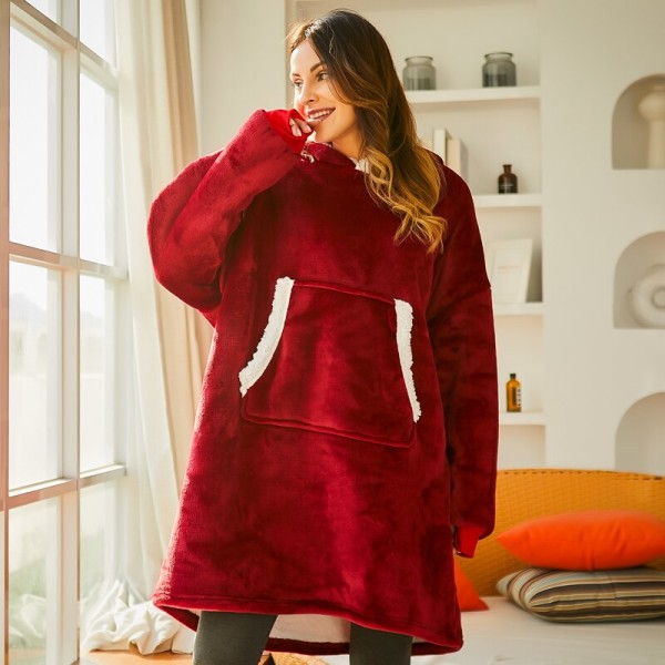 Dame Teppe Genser Kåpe Vinter Hettegensere Utendørs Hettejakker Varm Komfort Morgenkåpe Jule Fleece Teppe Sudadera Mujer 848 red One Size