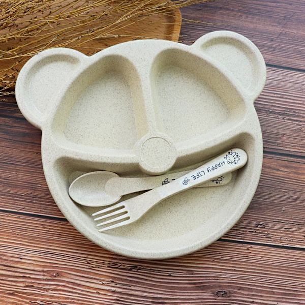 Babyskål+sked+gaffel Matningsmatservis BPA-fri Tecknad Björn Barnservis Baby Äta Middagsservis Anti-het Träningsplatta Beige Set