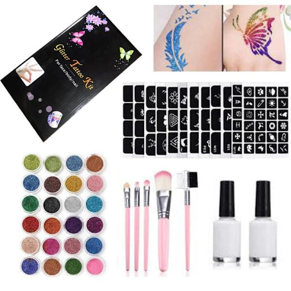 Diamant Glitter Tatuering Set Semi-Permanent Liten Tatuering Färg Scen Glitter Smink Handbag Set