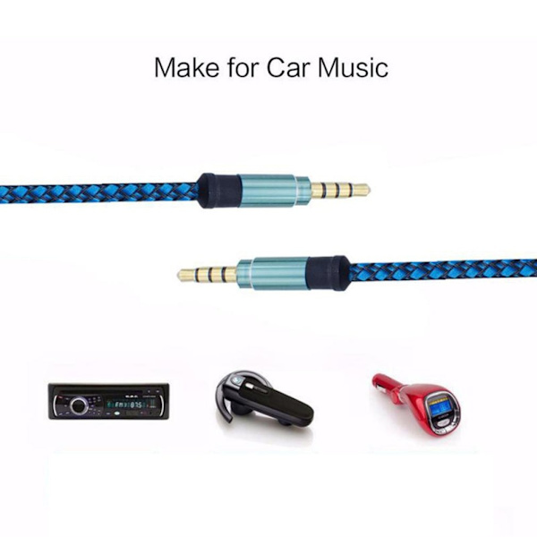 Jack 3.5mm AUX-kabel Ljudkabel 3.5 mm Jack Högtalarkabel 4 Poler Nylonflätad för Hörlurar Bil MP3 Sladd Förlängning hane Blue 1.5m