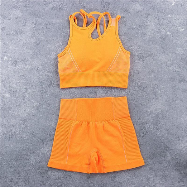 Yoga Set Crop Top BH Shorts Leggings Träningskläder Aktiv Fitness Gym Kläder Orange Short Set L