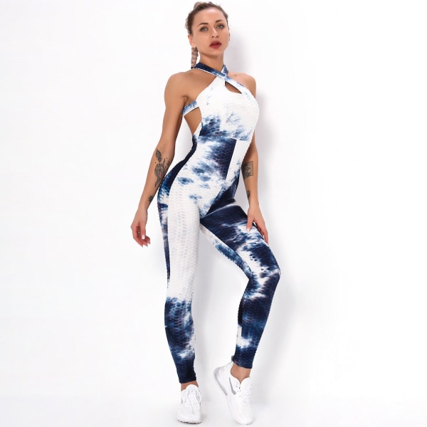 Europeisk och amerikansk Sexig Cross Tie-Dyed Skönhet Rygg Yoga Kostym Dam Fitness Sport Bubble Flerfärgad One-Piece 6225 jumpsuit-blue and black L