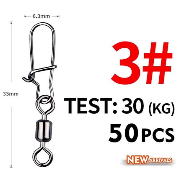Fishhook 50 stk. Gjeddefiske Tilbehør Koblingsstift Lager Rullende Svivel Rustfritt Stål Snap Fiskekrok Lokkesvivler Utstyr Size3 33mm 30kg