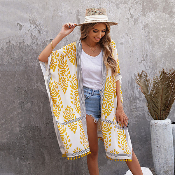 Badedragt Hawaii Seaside Holiday Cardigan Kortærmet Solbeskyttende Tøj Trykt Strand Cover-up Mellemlangt Badetøj LC85278-Red Average size