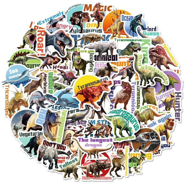 50 kpl Dinosaurustarroja, sopivat kannettavaan tietokoneeseen, moottoripyörään, rullalautaan, matkatavaroihin, jääkaappiin, muistikirjaan, lelutarrat Default Title