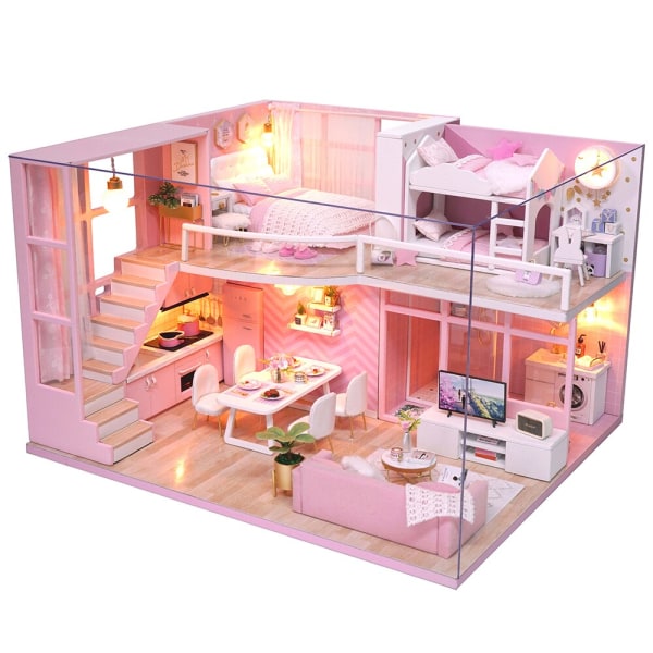 Cutebee DIY DollHouse Kit Trädockahus Miniatyrdockhus Möbelsats med LED-leksaker för barn Födelsedagspresent L32 L26A