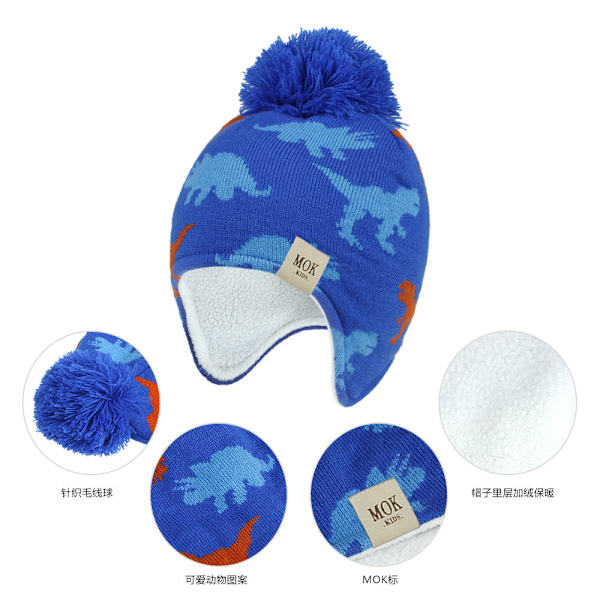Stickad Mössa Ny Höst och Vinter Dinosaurie Jacquard Pojkar och Flickor Öronmuffar Mössa Barnens Ullmössa Light gray-MOK label S(3-18 months)