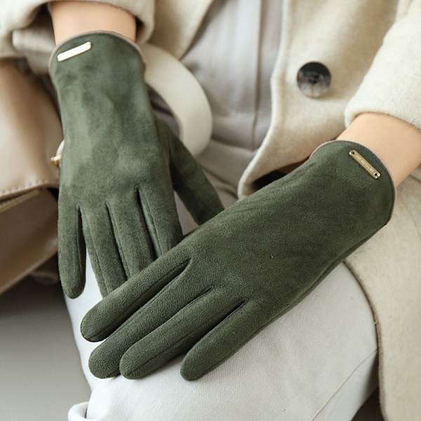 Nye høst- og vinterhansker i semsket skinn for kvinner, holder varmen, tynt fleecefôr, ikke oppblåst, lekkende fingre, clamshell, sykling, mote, elegante hansker army green One Size