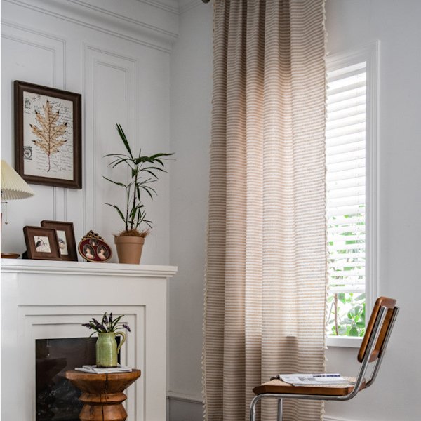 Enkelt bomulls- og linstoffgardin med stripete dusk til stuegardinstang Gray cotton tassel-curtain rod 150W * 200 high CM