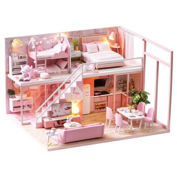 Cutebee DIY DollHouse Kit Trädockahus Miniatyrdockhus Möbelsats med LED-leksaker för barn Födelsedagspresent L32 JM32A