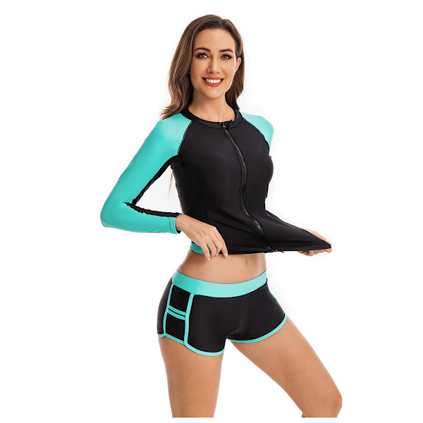 Baddräkt Boxer Surfdräkt Dam Långärmad Dragkedja Kofta Tankini Oni Blomma Badkläder Sky Blue M