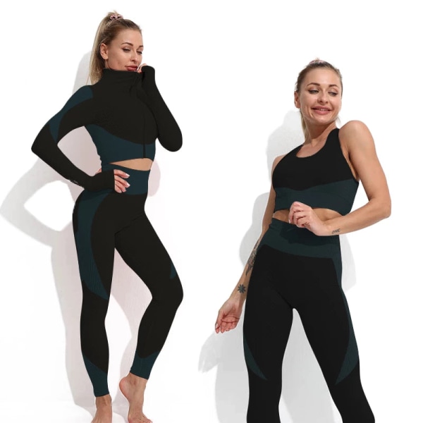 Yoga Set Workout gym kläder fitness för träningsoverall för kvinnor 3 Pcs set black S