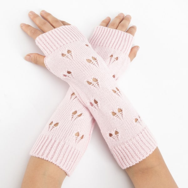 Stickade armvärmare för damer, mode handvärmare, vinterhandskar, virkade armar, ihåliga hjärtvantar, varma fingerlösa handskar Pink One Size