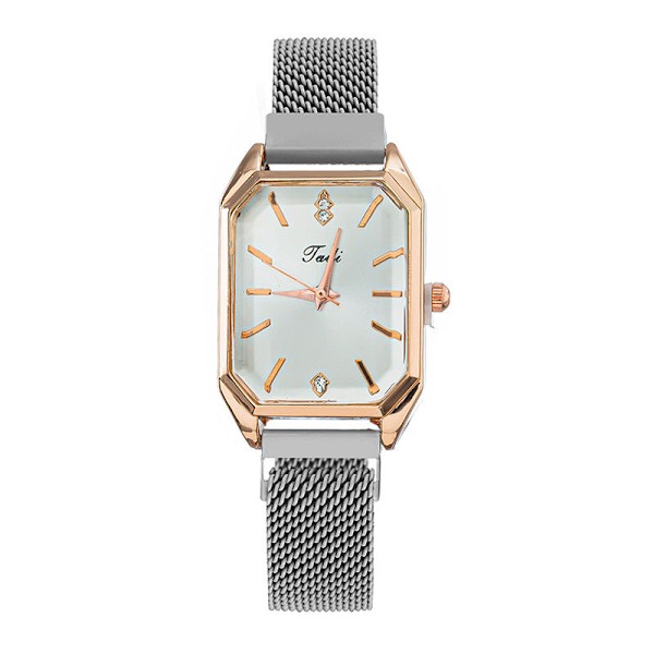Lazy Watch Enkel Kvarts Klocka Påfågel Grön Milanese Armband Fyrkantig Klocka för Kvinnor Three Diamond strip nail White