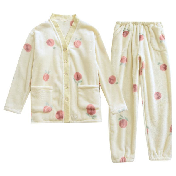 Flanellipyjama Talvi Paksu ja Samettinen Naisten Persikka Korealainen Versio Setti Neuletakki Syksy ja Talvi Korallifleece Oloasu Short M