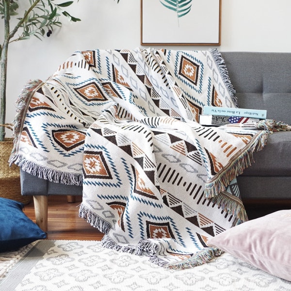 Bohemian Ruudullinen Peitto Sohvalle Sängylle Koristeellinen Peitto Ulkoiluun Retkipeitto Boho Sohvapeite Heittopeitto Piknikille Tupsuilla Type 13 90x180cm
