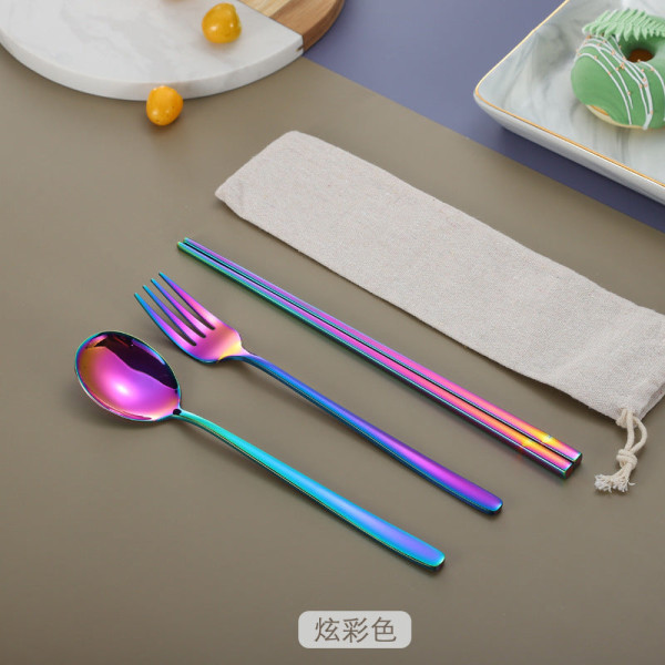 Rustfrit stål koreansk-stil ske gaffel spisepinde titanium-belagt service studerende bærbar tre-delt spisepinde ske gaffel Three-piece set