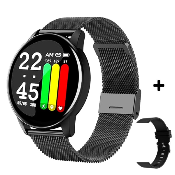 Watch Kvinnor Män Blodtryck Puls Fitness Tracker Watch Sport Rund Smartwatch Smartklocka för Android IOS Steel Add 3 Strap3