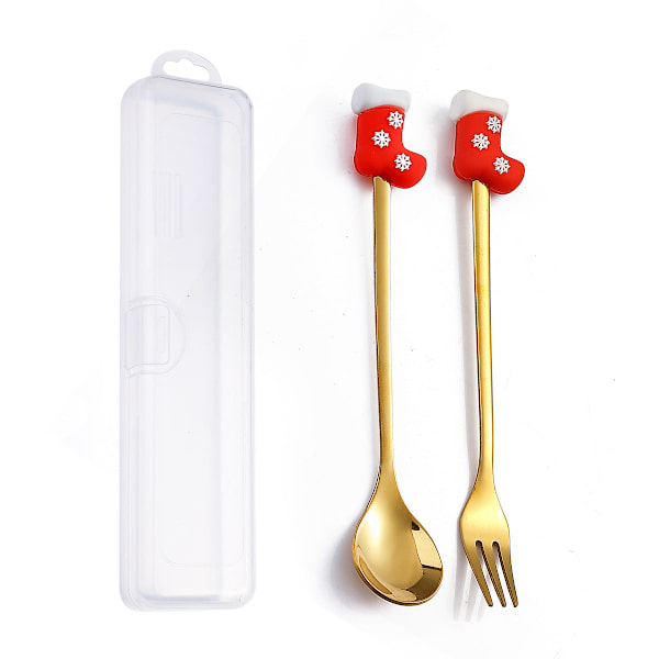 Q Joulu Jälkiruokalusikka-haarukka Setti Söpö Nukkemainen Jälkiruokalusikka Sarjakuva Astiasto Hedelmähaarukka Kannettava Kahvilusikka Cat gold spoon Fork storage box