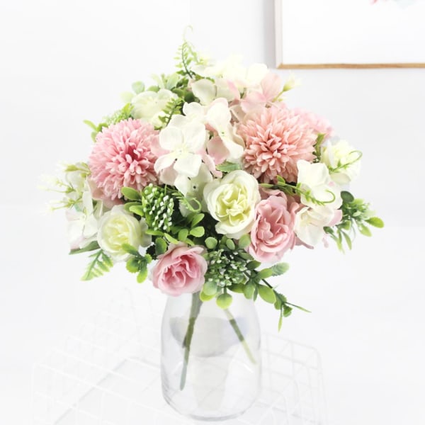 Rosa silkehortensia kunstige blomster bryllupsblomster til brud hånd silke blomstrende peon falske blomster hvit hjemmedekorasjon Champagne
