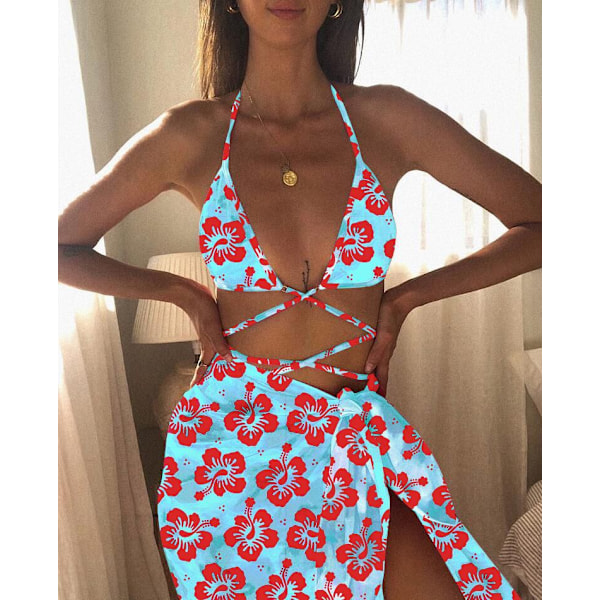 Nyt Tre-Delt Sæt Bikini Tie-Dye Printet Tether Slør Badetøj Kvinder Badedragt Red M