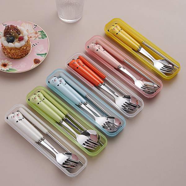 Servise Students Oppbevaringsboks Reisesett Barnas Rustfritt Stål Gaffel Skje og Spisepinner Sett Yellow Spoon chopsticks two-piece set