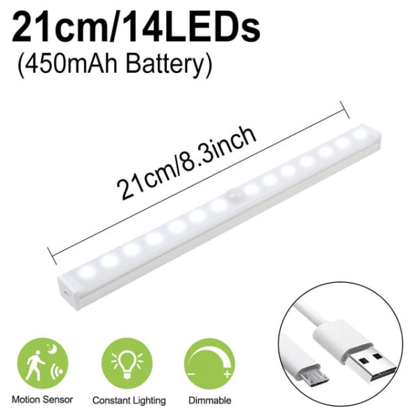 Rörelsesensor Nattlampa Dimbar Skåplampa LED Under Skåplampa för Garderob Trappor Kök 19cm 24LED White