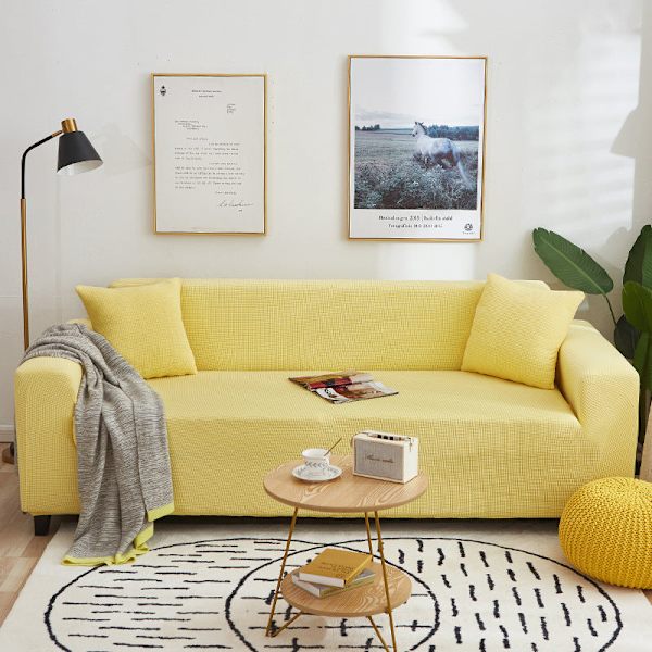 Enfärgad Universal Sofföverdrag för Alla Årstider, Nordisk Trendig Stickad Stretch Allomfattande Sofföverdrag Dammtät Soffkudde Lemon yellow M [double length within 145-185cm]]
