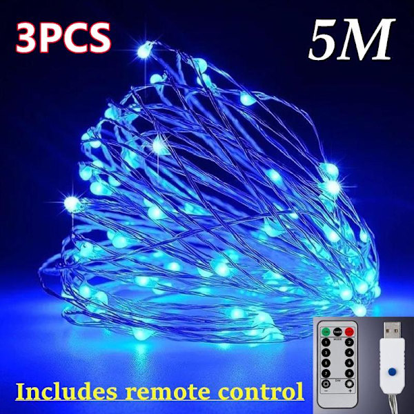 3 STK Stjerneklart Romantisk LED Gardinlys til Juletræ/gave/Hjem/Guirlande/Dekoration Blue YK-5M-3PCS