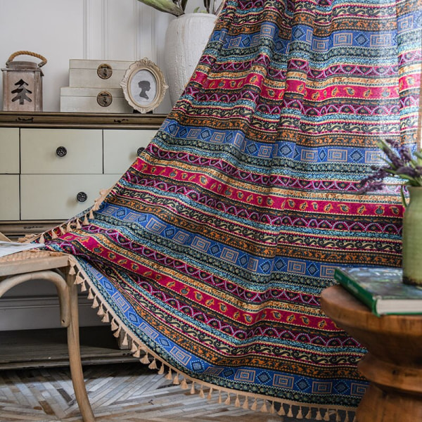 Bohemisk Retro Gardin Etnisk stil Bomull Linne Tunna fönster Dekorativa Boho Printing Gardin Sovrum Färdiga Gardiner Grommet Top W140CMxH180CM 1PC