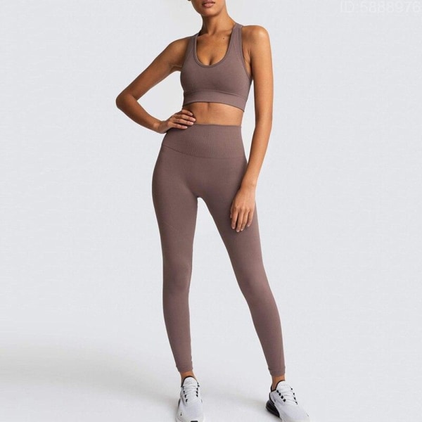 Yogaset Damleggings + BH:ar Dam Gymkläder Sportdräkter 01Coffee Set M