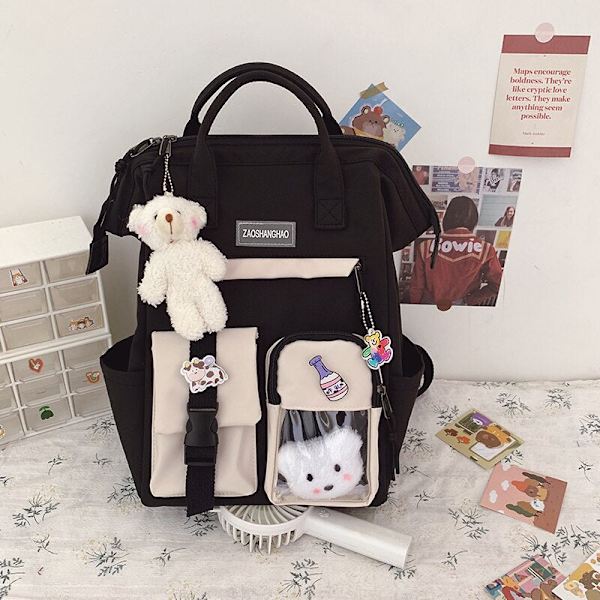 4 stk. sæt Lærred Skoletasker Til Teenagepiger Rygsæk Kvinder Laptop Rygsæk Skoletasker Til Drenge Rejse Rygsæk Mochila Escolar 1pcs Black-bear