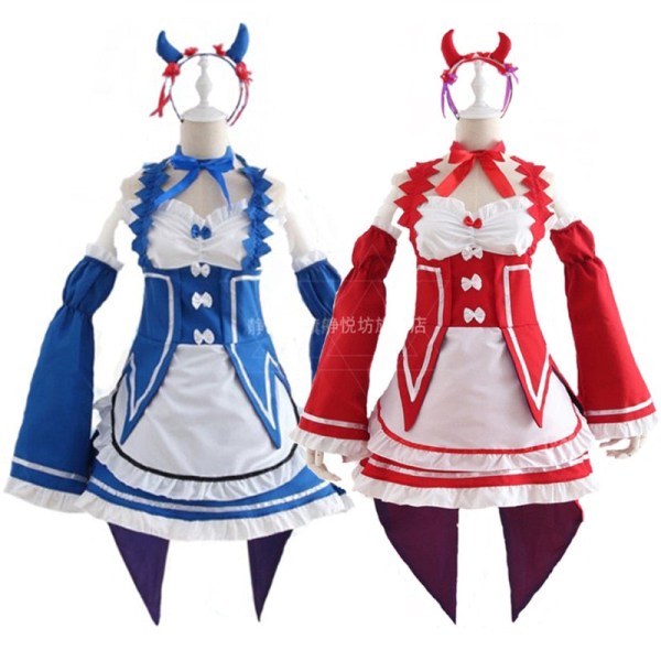 Ram/Rem Cosplay Re:zero Kara Hajimeru Isekai Seikatsu musta sininen punainen asu piika palvelijatar mekko package 10 XL