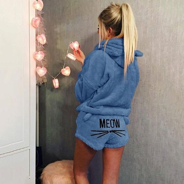 Dammode Vinter Pyjamas Set Söt och Gullig Långärmad Sammet Varm Hoodie och Shorts Mode Hemmakläder Set White XXXL