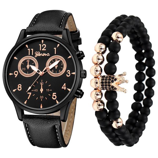 3 st/set Herr Mode Kreativ Falsk Tre-Ögon Bälte Quartz Klocka Armband Set Armbandsur All black suit