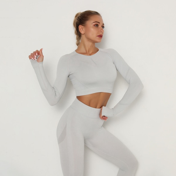 Europeiska och amerikanska sömlösa yogakläder, långärmad, hög elastisk, plisserad, snabbtorkande, långärmad fitness yogatopp 6205 Long Sleeve-Army Green L