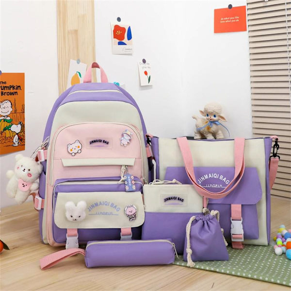 5 stk Sett Ryggsekker For Student Skoleveske For Jenter Multifunksjonelle Skoleryggsekker Håndveske Stor Kapasitet Jenters Pennal 4pcs black2