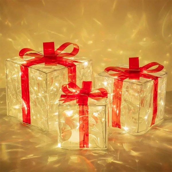 Glødende Juledekorasjon Gaveeske Ornament Med Sløyfe Julebelysning Eske Utendørsbelysning Julebord Skrivebordsornament 19cm-Red bowknot