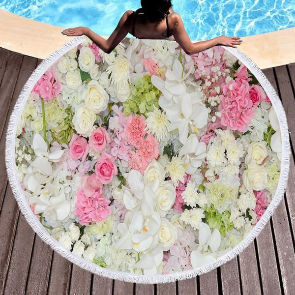 Kawaii Blommor Rosbuske Rosa Strand Badhandduk Rund Havsfilt Strand Yoga Matta Picknickmatta Absorberande Manteau Kappa 9