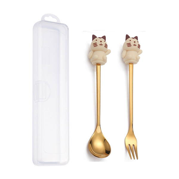 Q Joulu Jälkiruokalusikka-haarukka Setti Söpö Nukkemainen Jälkiruokalusikka Sarjakuva Astiasto Hedelmähaarukka Kannettava Kahvilusikka Cat gold spoon Fork storage box