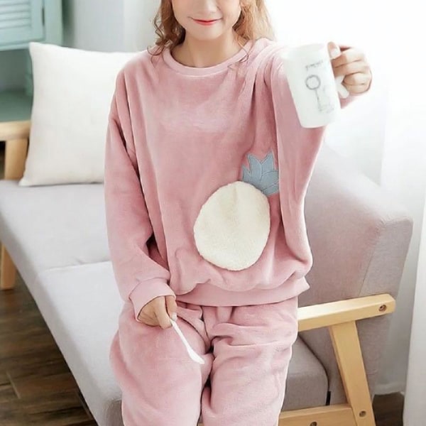 Tjock tecknad flanell set för damer Sovkläder Vinter Varm långärmad Coral Fleece Loungewear Pink M