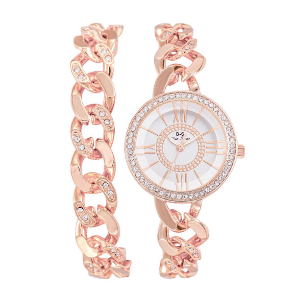 Let Luksus Dameur Romersk Urskive Fuld Diamant Quartz Ur Mode Simpelt Dobbelt Kædeur Silver