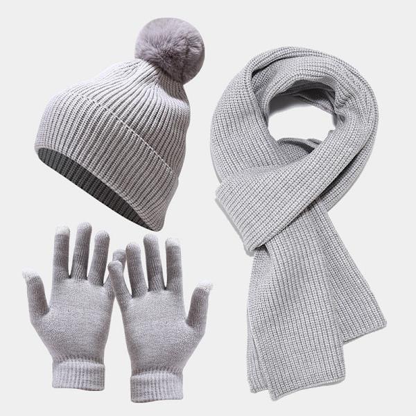 Stickad Mössa Halsduk Handskar Tredelat Utomhus Förtjockad Varm Pälsbollsmössa Gray