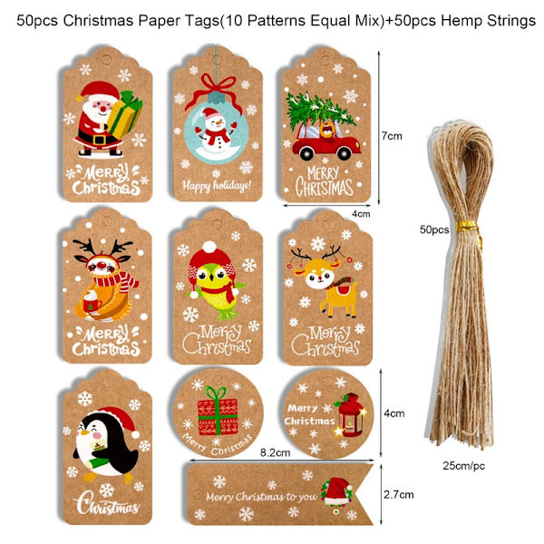 48/50 st God Jul Kraftpapper Etiketter DIY Handgjorda Presentinslagningspapper Etiketter Jultomten Hängande Etikett Ornament Nyårsdekor 50pcs-set4
