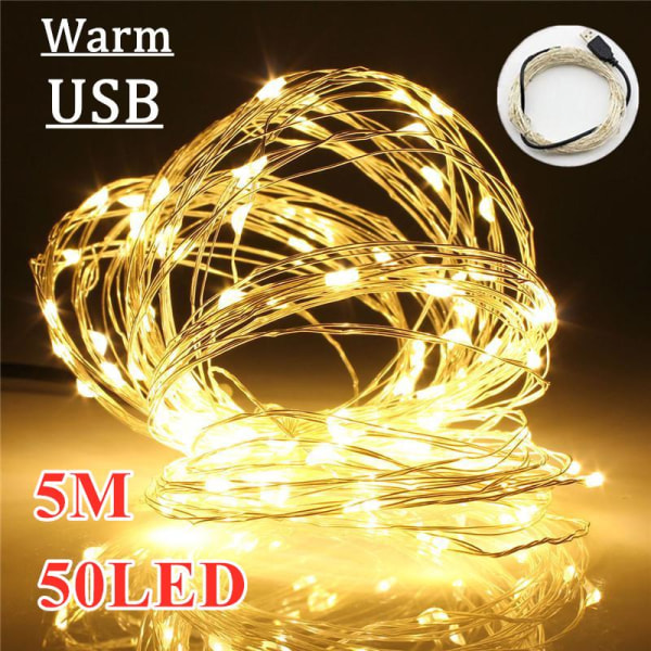 20M USB Led Gardin Ljus Koppartråd Fairy Light Garland Trädgård Bröllopsdekoration Strängljus White USB LED-10m